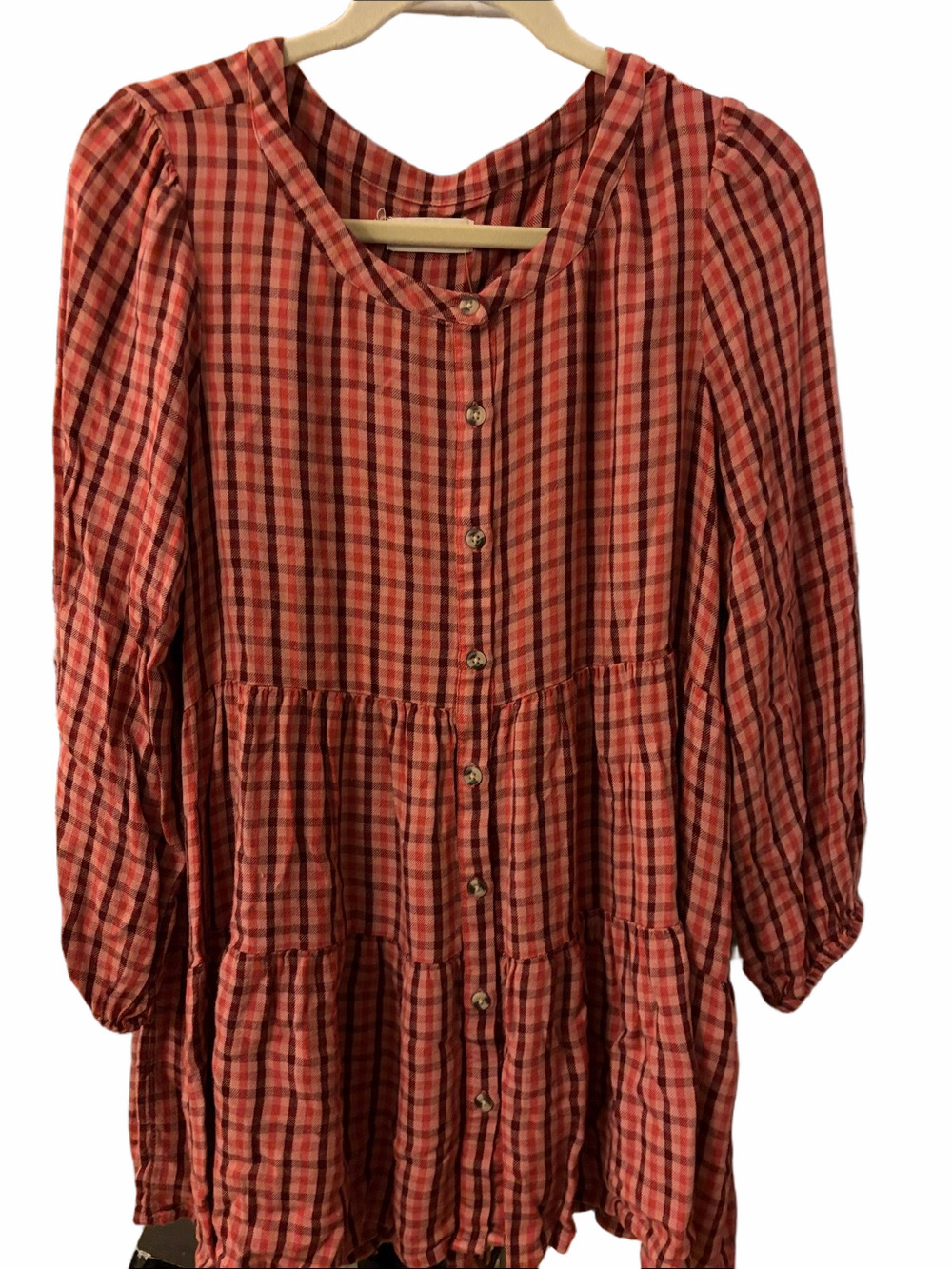 Lucky Brand Tiered Tunic Top Boho Chic button front Red Pink Plaid XL